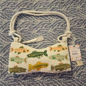 Handcrafted Beaded Fish Shoulder Bag - White with Green & Yellow Accents